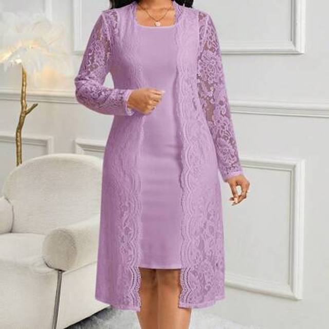 SHEIN Autumn And Winter Elegant White Knitted Lace Long Plus Size Dresses Plus Size Co-Ords
