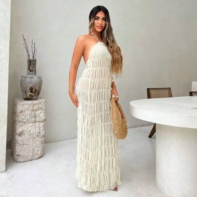 SHEIN Women&#39;s Apricot Halter Backless Sheer Flowing Maxi Chiffon Dress, Sexy Elegant Boho Summer Beach/Island Vacation/Spring Travel Holiday Outfit