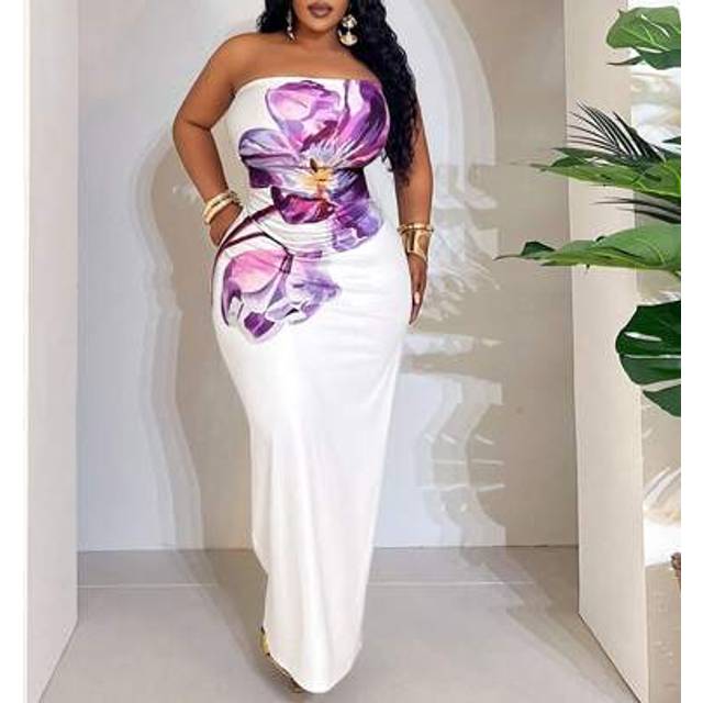 Slaydiva Plus Size Women White Sleeveless Maxi Floral Print Dress, Elegant For Vacation, Date & Party
