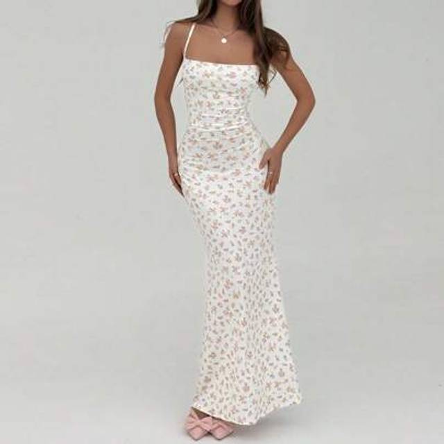 Aloruh Romantic Ditsy Floral Spaghetti Strap Backless Maxi Flowy Dress For Women, Spring/Summer,Summer Dresses For Women