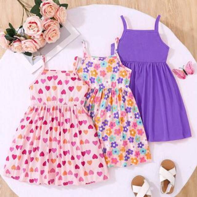 SHEIN 3pcs Girls Casual Suspender Open Shoulder Dress, Pink, Heart And Floral Print, Suitable For Party, Leisure, Holiday, Outing And Home Wear, Summer