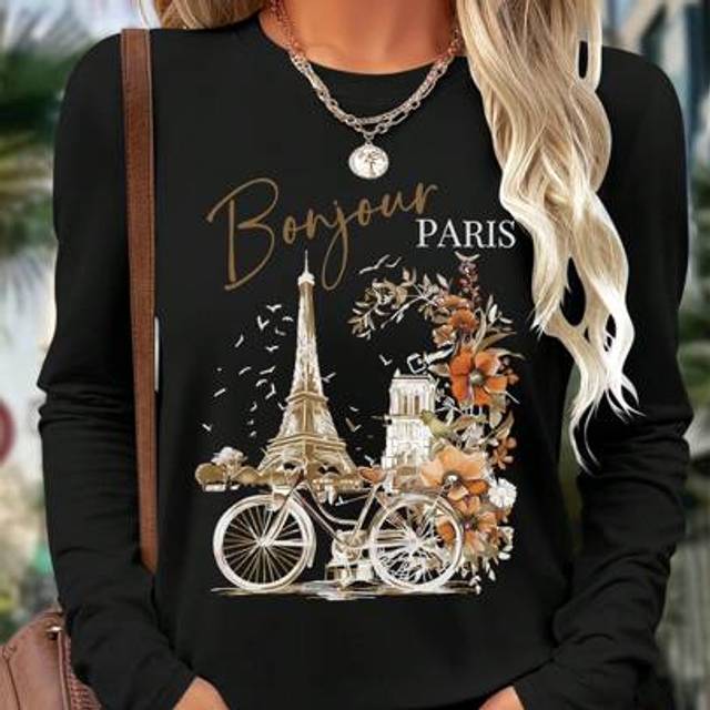 SHEIN Romantic Paris Spring/Summer Series Digital Print Casual Comfortable Versatile Fashionable Women Long Sleeve T-Shirt