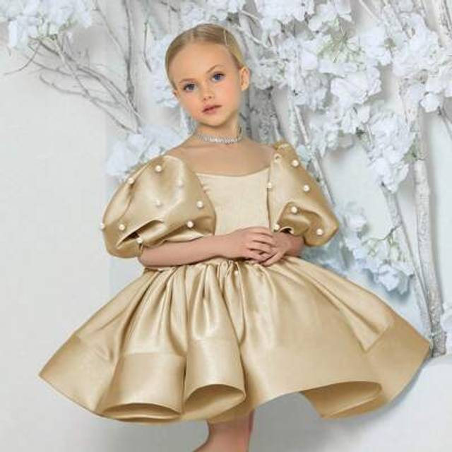 SHEIN Young Girl Elegant Khaki Pearl Puff Sleeve Bow Party Princess Dress, Suitable For Birthday Party, Wedding, Pageant, Flower Girl, Holiday Celebration