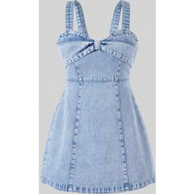 SHEIN T Ween Girls Y2K Style Bowknot Fitted Suspender Dress, Casual Bleached Blue Jean Denim Overall Dress European Style French Style Elegant Leisure Vacat