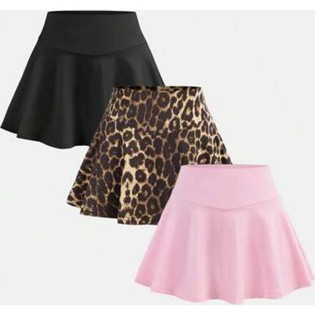 SHEIN 3pcs Set Tween Girls Casual Solid Color + Leopard Print Skirt & Pants