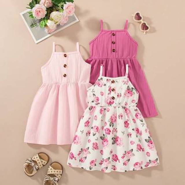 SHEIN 3pcs/Set Young Girls Casual Floral Printed Suspender Dress With Solid Color Button Decor, Fashionable