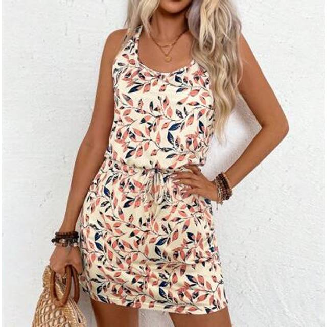 SHEIN Summer Casual Leaf Printed Round Neck Sleeveless Drawstring Waist Dress Vacation Beach Outfits Women
