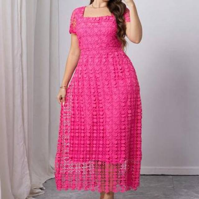 SHEIN Plus Size Women Hollow Lace U-Shaped Cinched Waist A-Line Short Sleeve Elegant Sun Dress