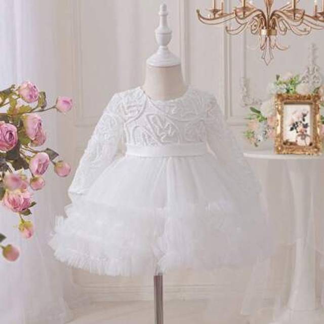 SHEIN Baby Girls Long Sleeve Embroidered Mesh Peplum Dress, Champagne Color Infant Toddler Birthday Party Flower Girl Christening Gown