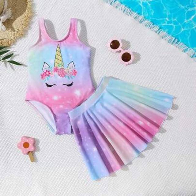 SHEIN Young Girl Unicorn Print 3-Piece Swimsuit Set: One-Piece Swimsuit + Cover Up Skirt, Suitable For Beach Or Holiday