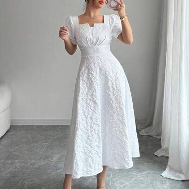 Airlisse Women Floral Jacquard Square Collar Puff Sleeve Elegant Dress