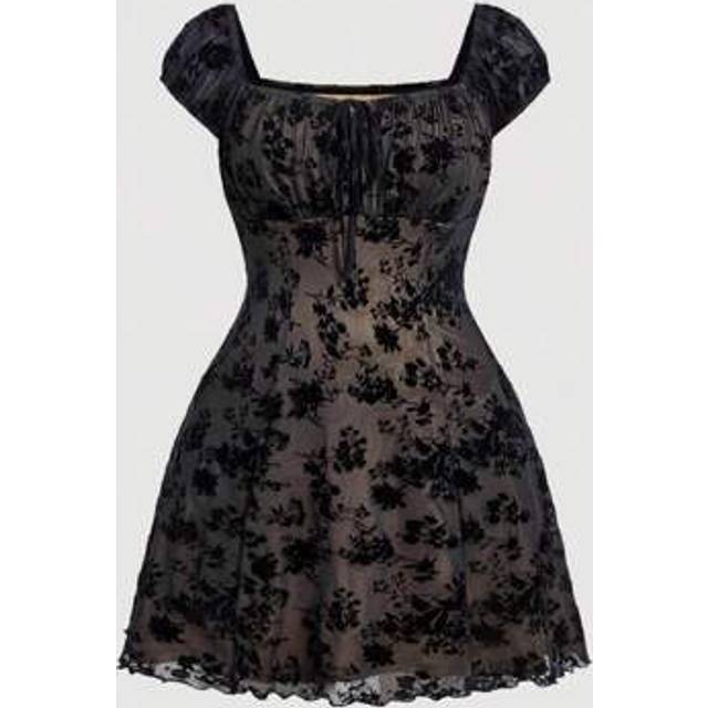 SHEIN Plus Size Summer Retro Black Velvet Mesh Bust Pleated Bow Tie Ribbon A-Line Spaghetti Strap Dress, Summer