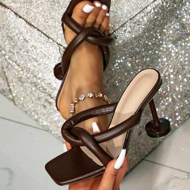 SHEIN Women&#39;s Chunky Heel Mules Sandals, Coffee Brown Open Toe Elegant Versatile Slip-On Stiletto Sandals For Summer