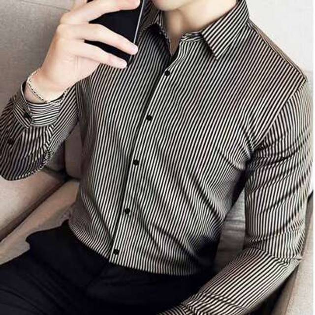 SHEIN Men&#39;s Fashionable Business Casual Printed Stripe Long Sleeve Shirt