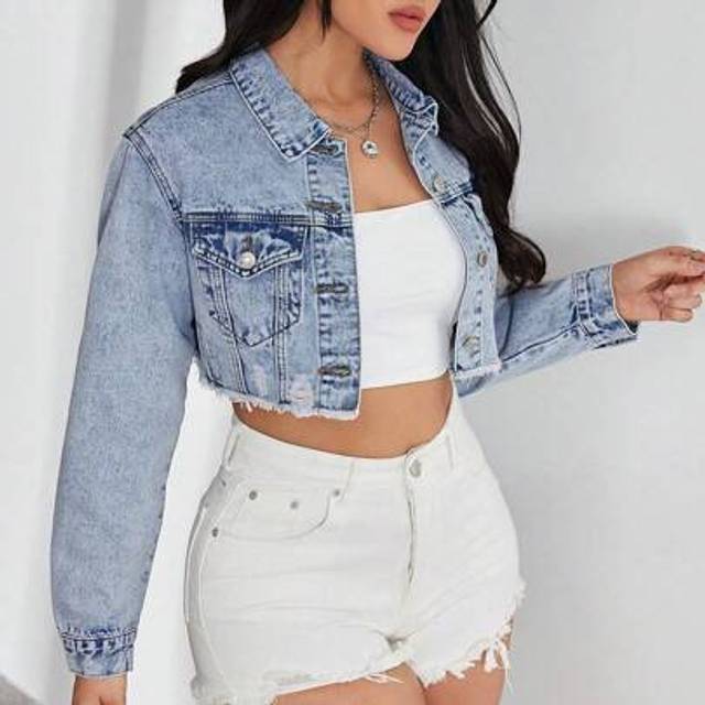 SHEIN Casual Washed Distressed Raw Hem Cropped Denim Jacket