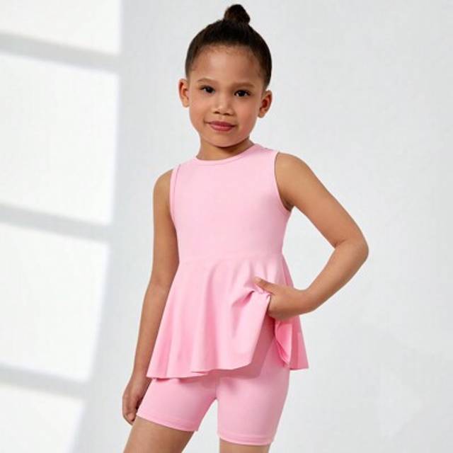 SHEIN 2pcs/Set Young Girl Solid Color Casual Short Sleeve Dress & Leggings Set, Cute For Daily Wear, Festivals, Holiday