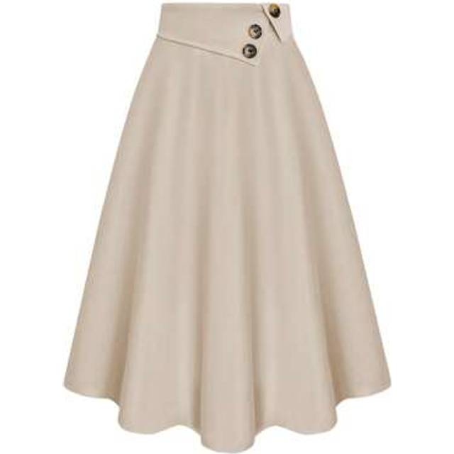Calvaya Women&#39;s High Waist A-Line Button Decor Elastic Waist Flare Skirt, Casual Versatile Spring & Autumn Woven Twill Fabric, Pure Apricot Color
