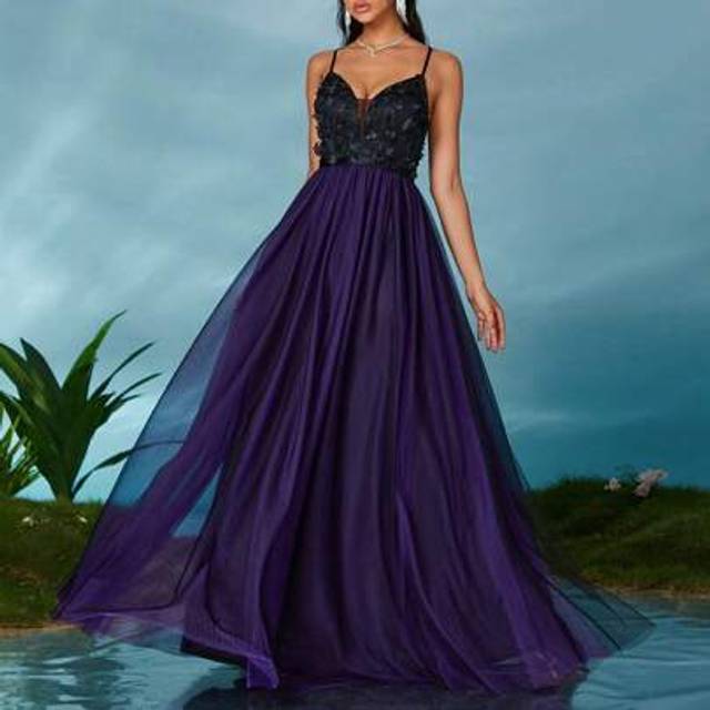 SHEIN A Spaghetti Strap Sexy Graduation Dress With A Three-Dimensional Floral Embroidered Contrast Mesh And Contrasting Colors, Bridesmaid Dress