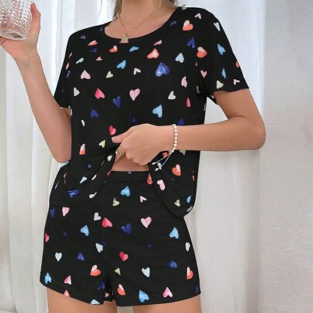 SHEIN Colorful Heart Printed Short Sleeve Shorts Pajama Set For Women