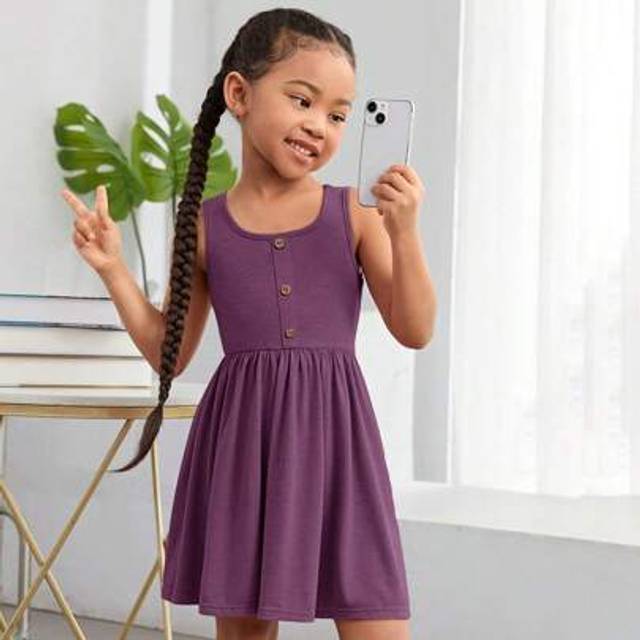 SHEIN Young Girl Plain Knitted Sleeveless Casual Dress For Spring/Summer, Daily Wear