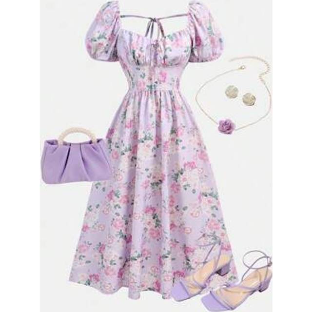 SHEIN Teenage Girls&#39; Purple Ditsy Floral Tie Back A-Line Dress With Puff Sleeves For Spring And Summer Vacation, Casual Outfit