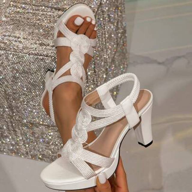 SHEIN Women&#39;s High Heel Platform Sandals, White Elegant Embroidery Half Ankle Strap Chunky Heel Thick Sole Gladiator Sandals, Fashion Shoes