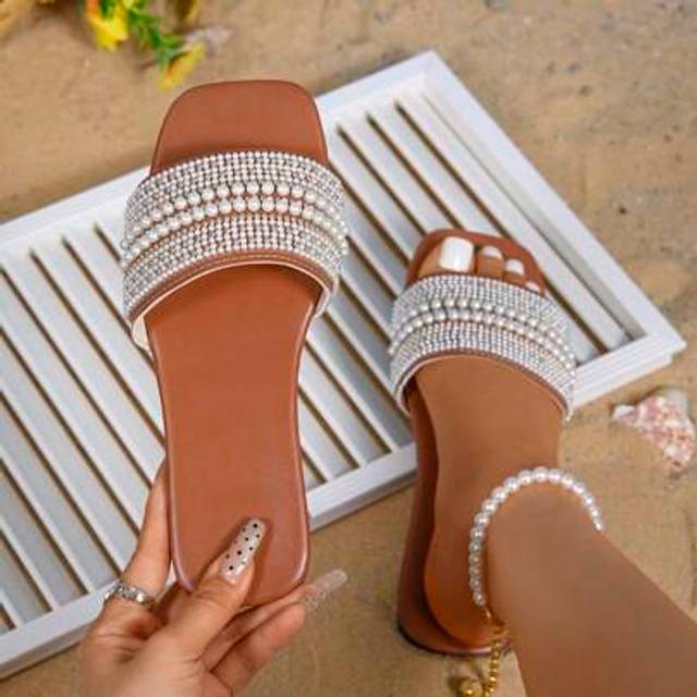 SHEIN Women&#39;s Faux Pearl Decor Square Toe Flat Sandals, Fashionable Summer Shoes