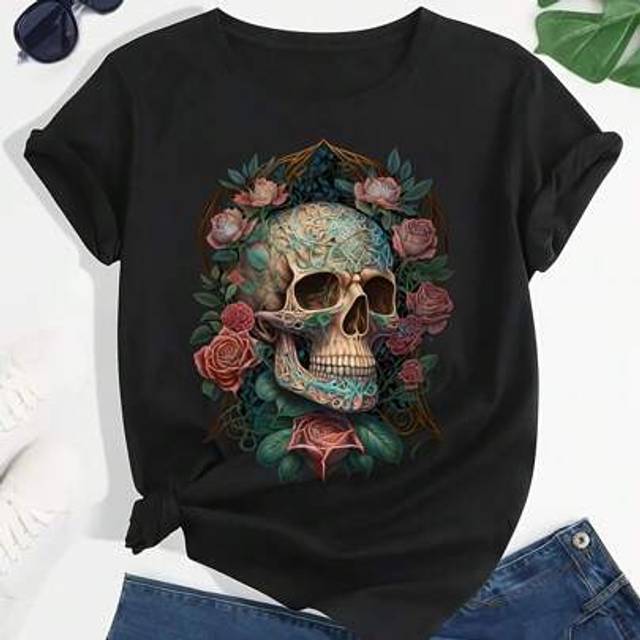 VaVaBold Women Gothic Skull & Rose Print Regular Shoulder Short Sleeve T-Shirt Casual Autumn Tops Graphic Tees Women Tops