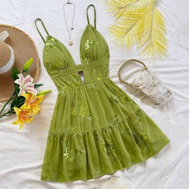 Soleia Women&#39;s Vacation Spaghetti Strap V-Neck Hollow-Out A-Line Backless Chiffon Beaded Embroidered Mini Dress, Suitable For Party, Music Festival, Summer,