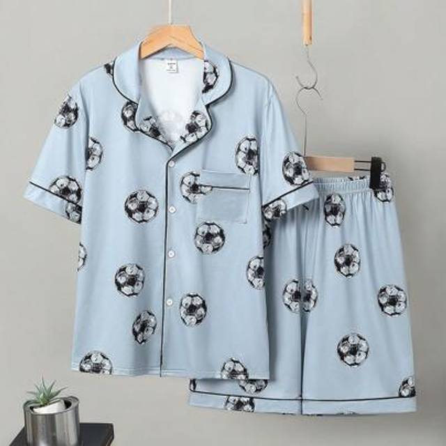 SHEIN 2pcs Set Teenage Boys Casual Outfit, Featuring Cool Football Prints, Short Sleeve Cardigan And Shorts, Light Blue Color