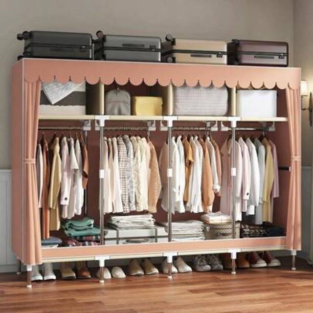 SHEIN Portable Minimalist Wardrobe For Home/Bedroom, Equipped With Hanging Area And Multi-Layer Storage Racks, Top Design With Shelving, Durable Steel Frame