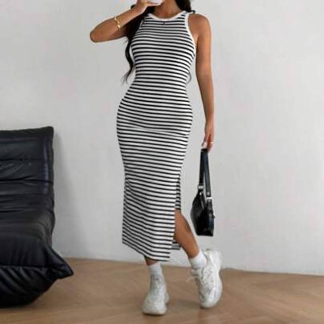 SHEIN Summer Casual Vacation Black & White Striped Open Slit Back Bodycon Dress