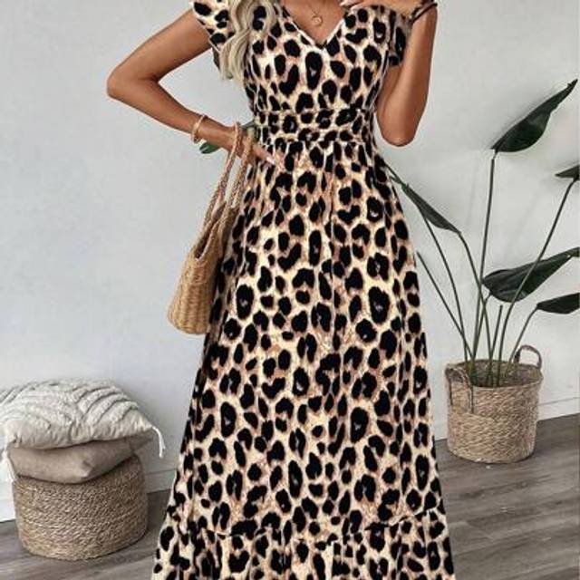 SHEIN Vintage Leopard Print Shirred Ruffle Sleeve Cinched Waist Ruffle Hem A-Line Maxi Dress, Casual Vacation Elegant Outing Dress For Women Leopard Dress,S