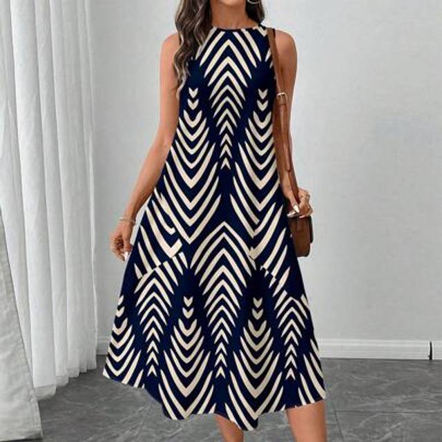 Luneh Women&#39;s Casual Geometric Striped Print Mid-Length Dress, Suitable For Spring & Summer Summer Dresses For Women,Shirt Dresses For Women