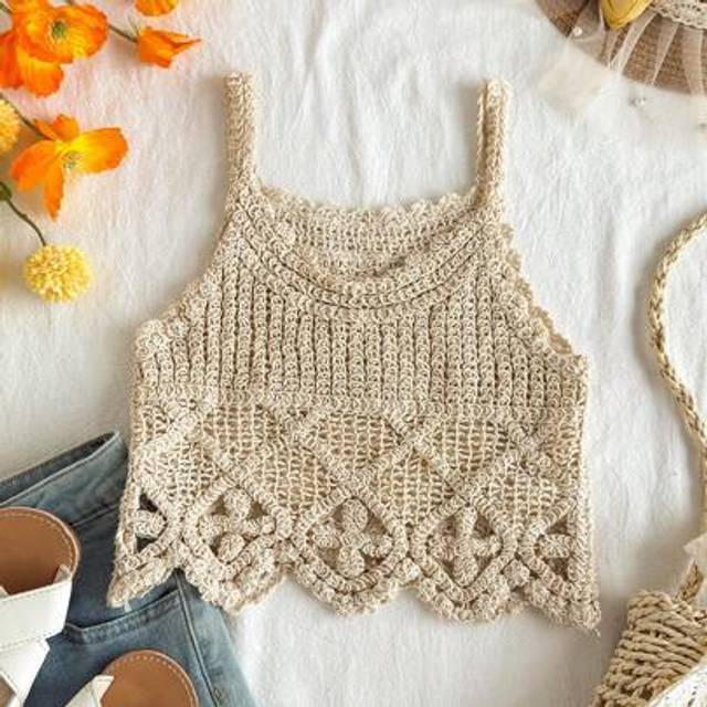 SHEIN Young Girl Cute Summer Versatile Apricot Crochet Knit Tank Top