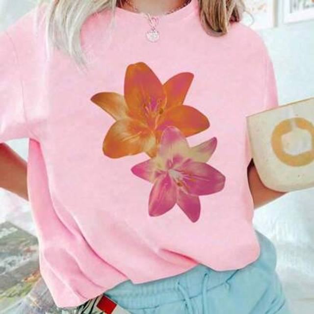SHEIN A Piece Of Girl Big Children Casual Printed Round Neck Pullover Short-Sleeved T-Shirt For Summer Students Young Children&#39;s Clothing - Flowers Provide