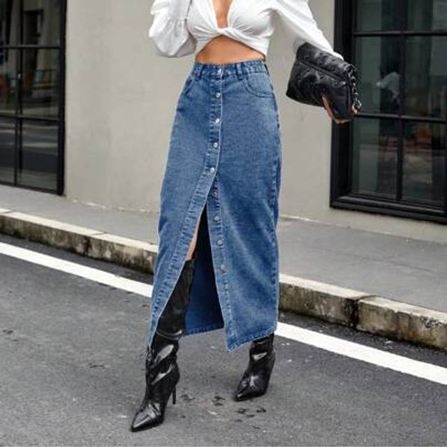 SHEIN Mobula Sound Springtime Summer Season Sexy Music Festival Versatile Stylish Button Decor Slit Design Elegant Women Long Denim Maxi Skirt