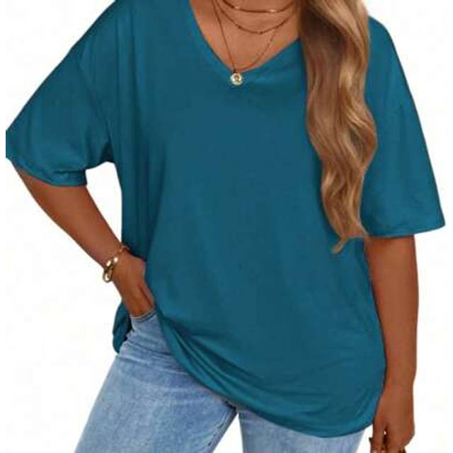EMERY ROSE Plus Size Solid Half Sleeve T-Shirt, Casual V Neck T-Shirt For Summer, Women&#39;s Plus Size Clothing Graphic Tees Women Tops