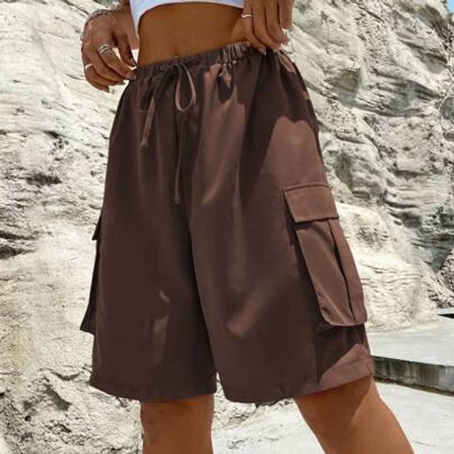 Flirla Women&#39;s Solid Color High Waist Tie Front Wide Leg Loose Casual Cargo Shorts