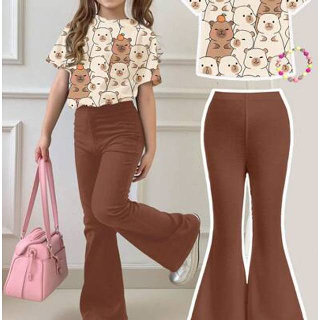 SHEIN 2pcs Tween Girls Cute Capybara Cartoon Animal Print Casual Loose Short Sleeve T-Shirt And Flare Pants Set, Summer SummerOutfits