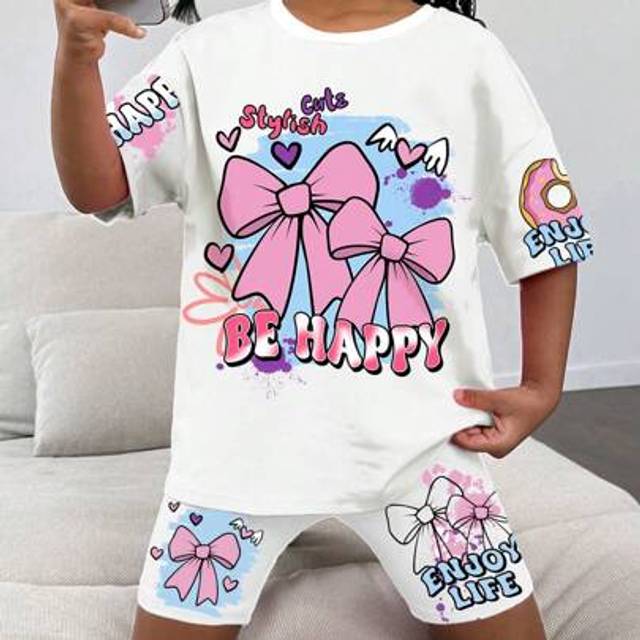 SHEIN Young Girl Casual Bow & Graffiti Print Short Sleeve Crew Neck T-Shirt & Form-Fitting Shorts 2pcs Set, Summer