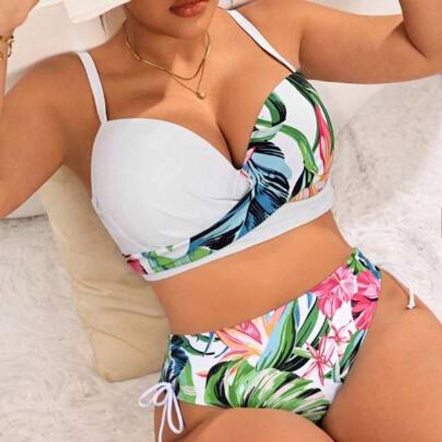 SHEIN Plus Size Women 2 Pieces High Waist Floral Bikini Set With Underwire Removable Padding, Summer Swimwear