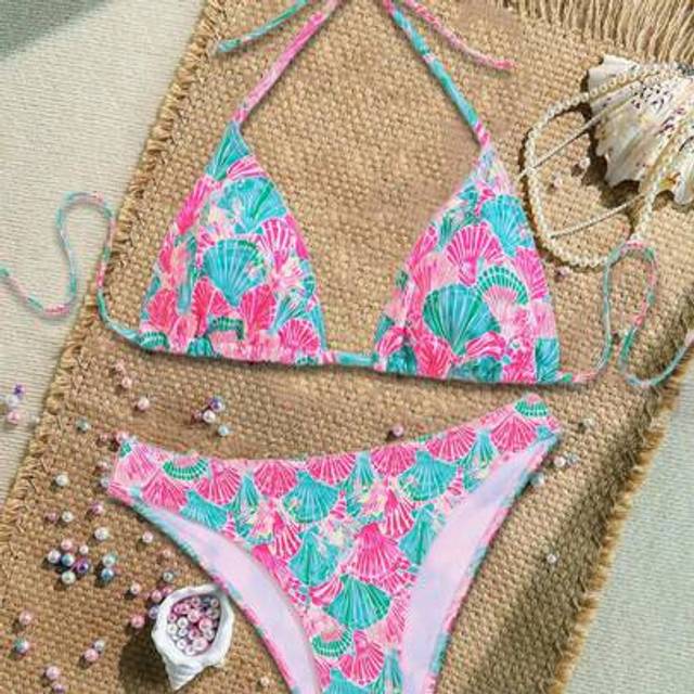 SHEIN Women&#39;s Shell Print Halter Tie Front Sexy Bikini Swimsuit Set For Summer Beach