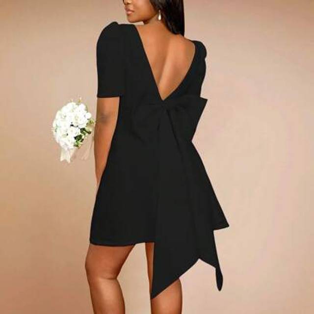 SHEIN Women A Line Backless Bow Back Classy Elegant Wedding Party Mini Square Collar Puff Sleeve Party Bridal Shower Dresses ,Graduation Dress, Bride