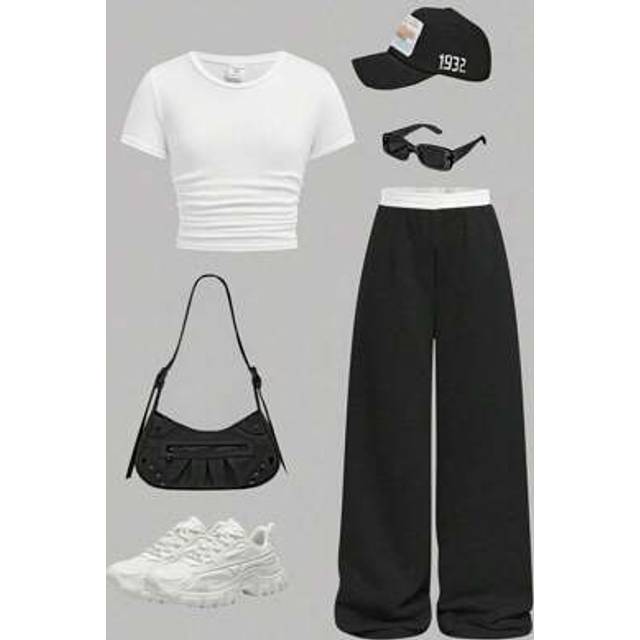 SHEIN Tween Girls&#39; Athletic Solid Color Short Sleeve Headband Top & Straight Leg Sweatpants Casual Set