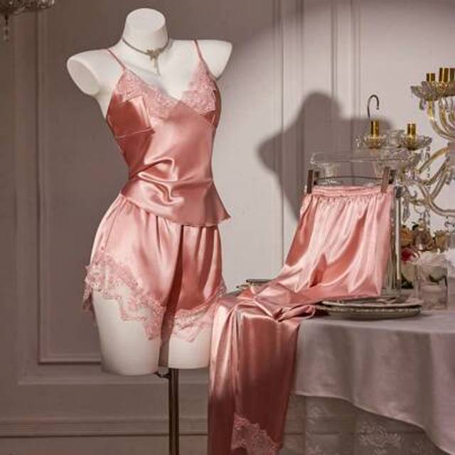 SHEIN 3pcs Set Lace Patchwork Camisole Shorts And Pants Pajamas