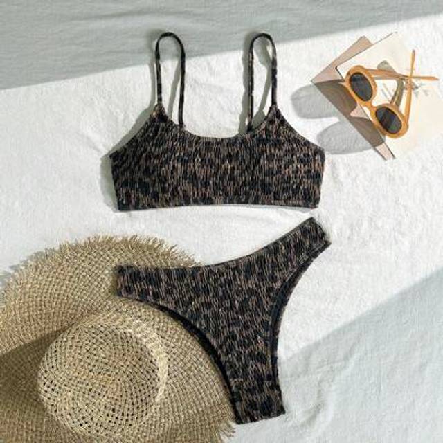 Swim Vcay Best-Selling Beach Holiday Tropical Floral Print Ruched Halter Neck Triangle Bikini Set, Two-Piece Bikini Set For Beach, Party, And Vacation
