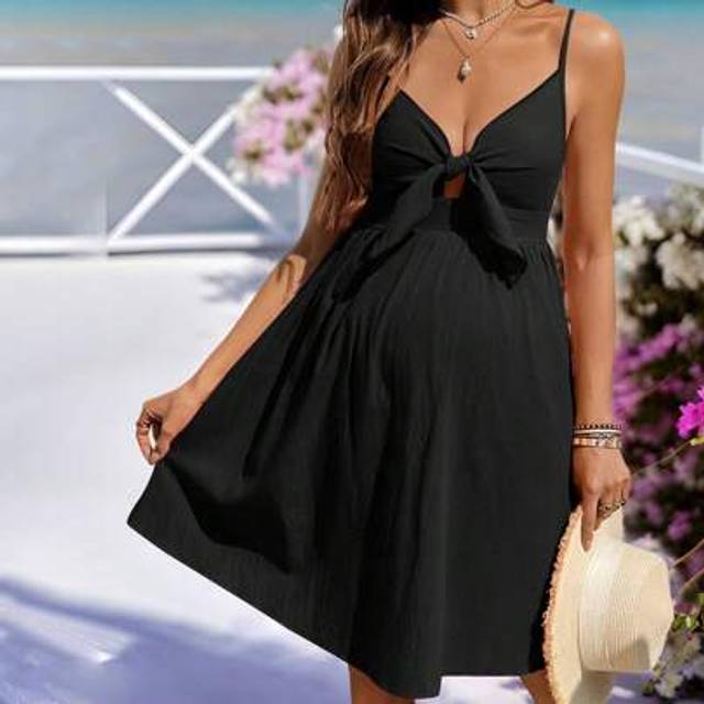 SHEIN Maternity Pregnant Women Solid Color Casual Strap Bowknot Dress, Suitable For Summer