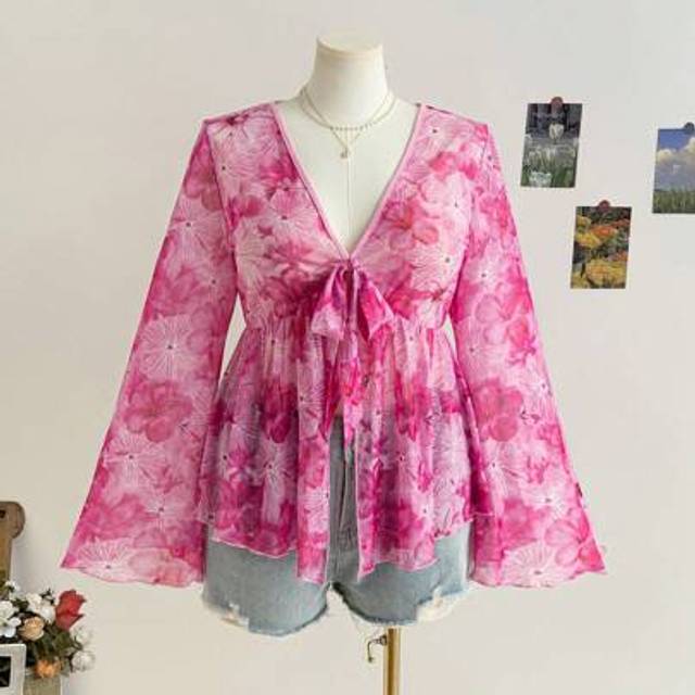 Soleia Plus Size Women Floral Print Mesh Front Tie Waist Flare Sleeve Blouse Bohemian Boho  Romantic Floral  Vacation Floral