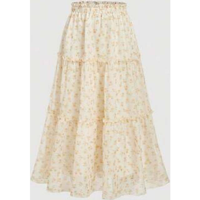 SHEIN Women&#39;s Chiffon Yellow Ditsy Floral Patchwork Bohemian Prairie Skirt,Butter Yellow